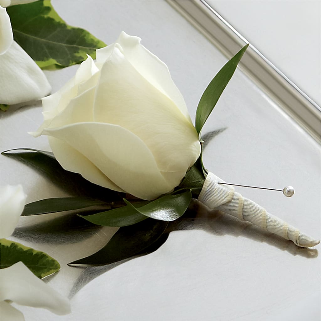 White Rose Boutonniere – Berkeley Florist, Moncks Corner SC
