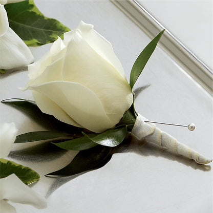 White Rose Boutonniere –  Berkeley Florist, Moncks Corner SC